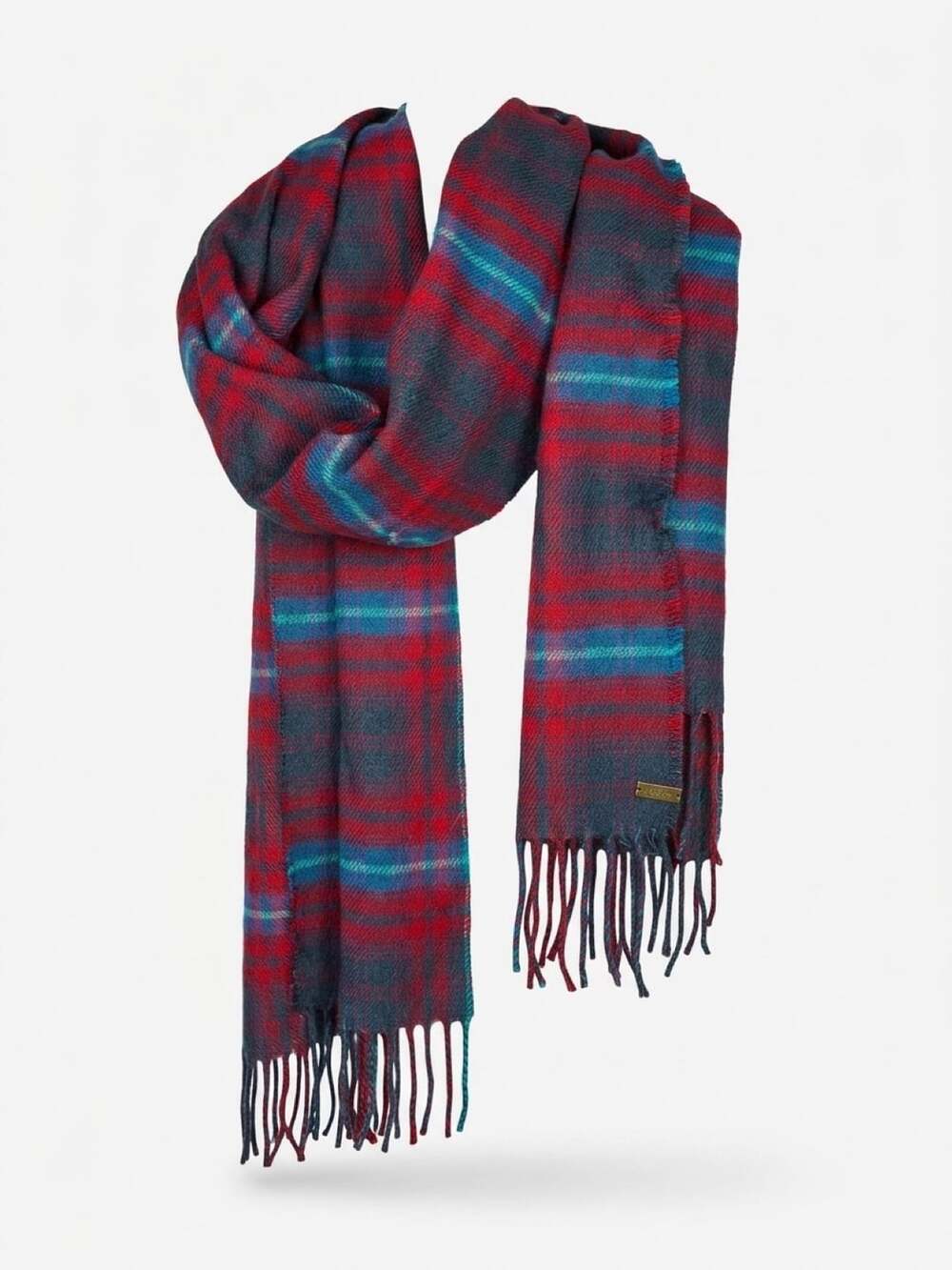 Eddie Bauer Plaid Scarf Red Blue Tartan Fringe Winter